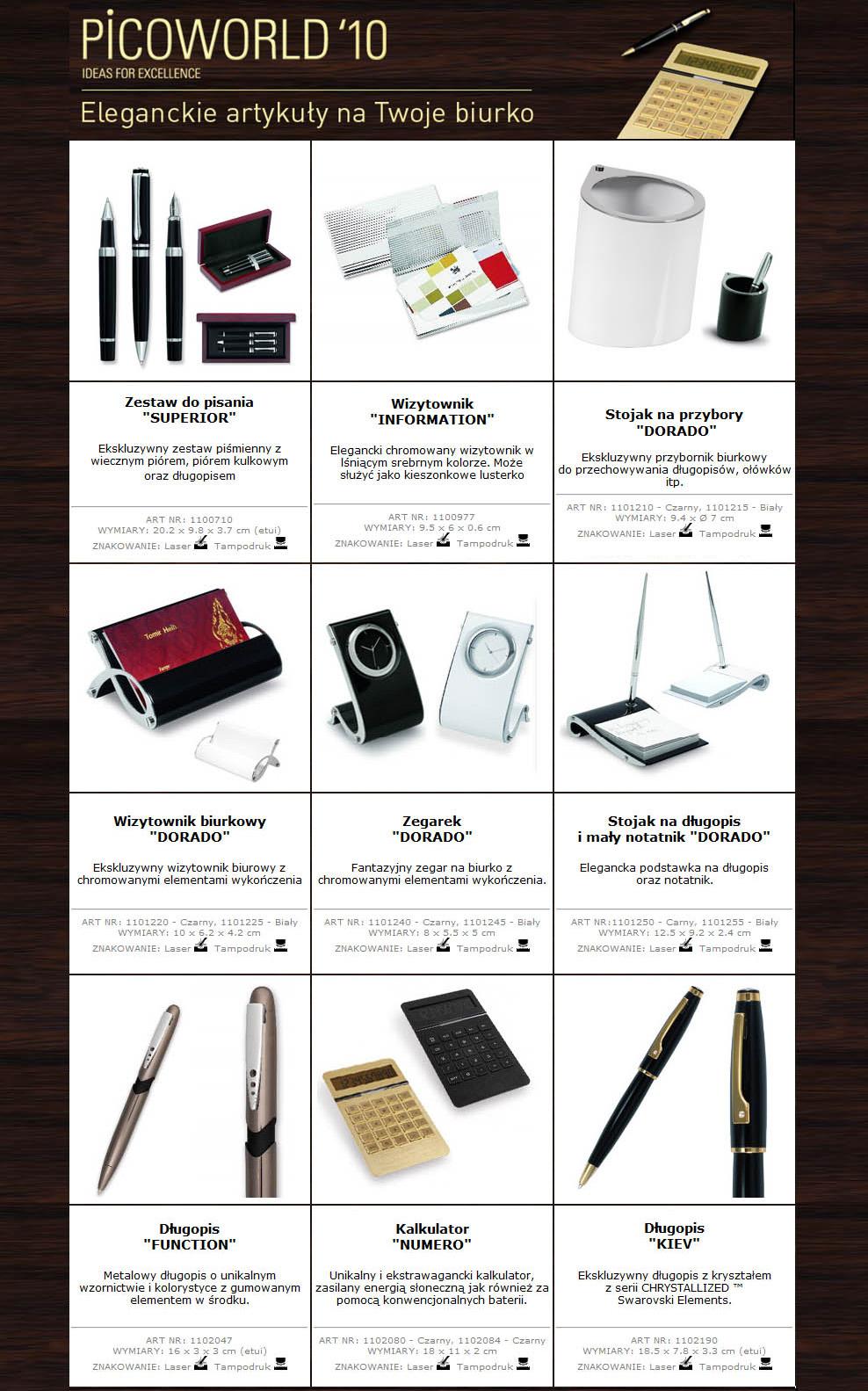 Katalog artykułów biurowych Picoworld '10 prezentujący zestawy piśmienne, wizytowniki, zegarki, kalkulator i stojaki na biurko w eleganckim stylu.
